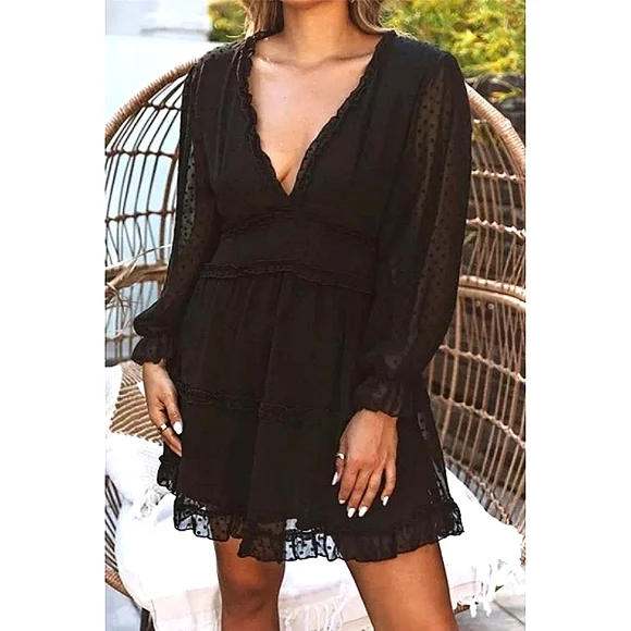 LAST ONE! Black Ruffled Open Back Swiss Dot Mini Dress - Picture 5 of 5